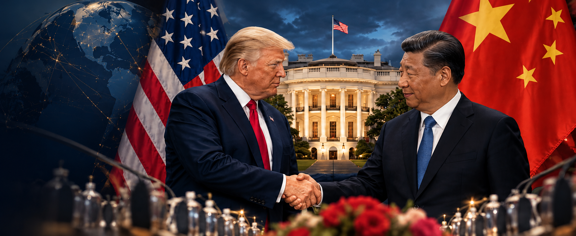 Composição editorial de Donald Trump e Xi Jinping, com a Casa Branca e as bandeiras dos Estados Unidos e da China.