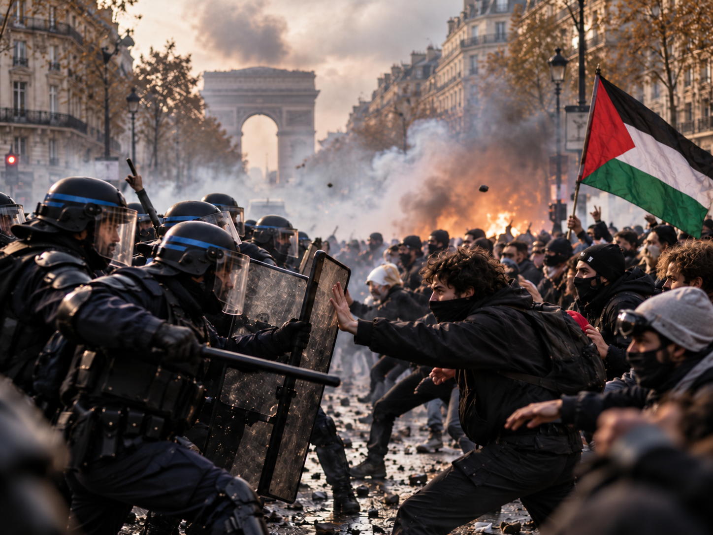 Composição editorial sobre confrontos urbanos em Paris