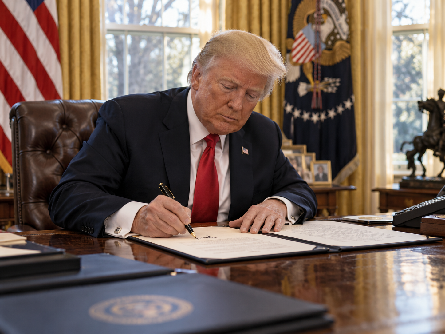 Composição editorial de Donald Trump na Sala Oval associada à ordem sobre Super Intelligence